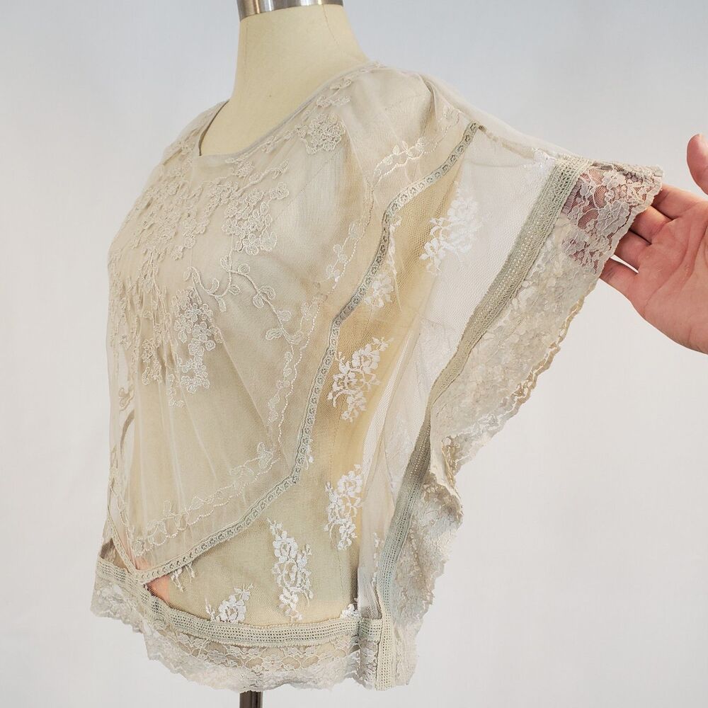 Sheer Lace Trim Flutter Sleeve Top M Coquette Fairy Whimsical Boho Ethereal - Picture 4 of 13
